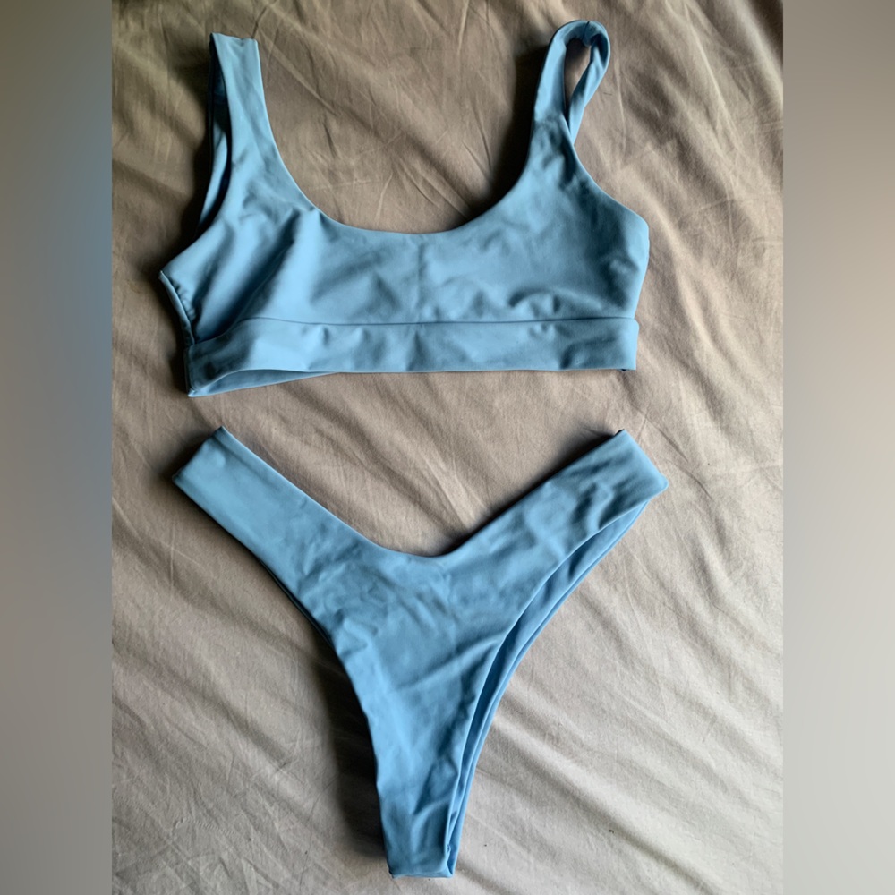 Light blue scoop too with high cut bottoms swimsuit set